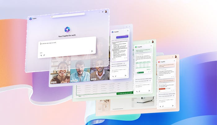 In this image, layered renderings of UI depict the conversation box that houses Copilot in various different Microsoft 365 apps. Gradients of light purples and oranges are in the background, as well as an undulating 3D ribbon that changes from cobalt blue to lavender to pink.