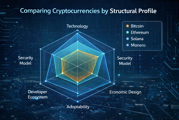 Landscape infographic featuring a radar (spider) chart titled “Comparing Cryptocurrencies by Structural Profile.” The chart compares Bitcoin, Ethereum, Solana, and Monero across six categories: Technology, Security Model, Scalability, Developer Ecosystem, Economic Design, and Real-World Adoption Potential. Each cryptocurrency is represented by a different colored polygon layered over a hexagonal grid on a dark blue, circuit-themed background, visually illustrating their differing structural stre