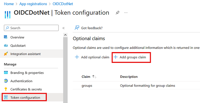 Omage of “Token configuration / Add groups claim”