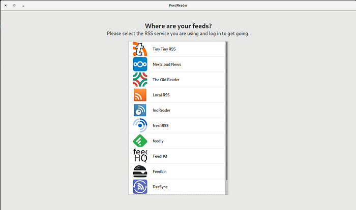 FeedReader application interface showing a list of RSS feed services including Tiny Tiny RSS, Nextcloud News, The Old Reader, Local RSS, InoReader, freshRSS, feedly, FeedHQ, Feedbin, and DecSync.