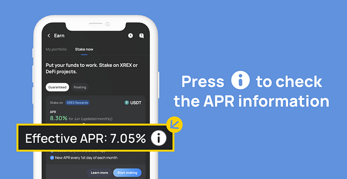 Press Stake now and Press the information icon next to the Effective APR