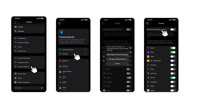 iOS settings screen under Privacy showing the ‘Allow Apps to Request to Track’ toggle disabled to stop pop-ups