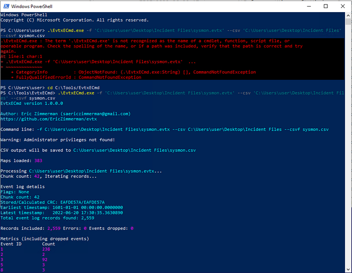 PowerShell running EvtxECmd tool to convert sysmon.evtx into sysmon.csv.