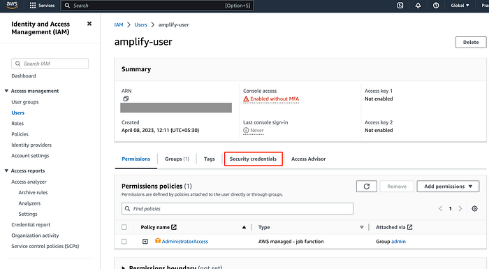 Add Security credentials to IAM User