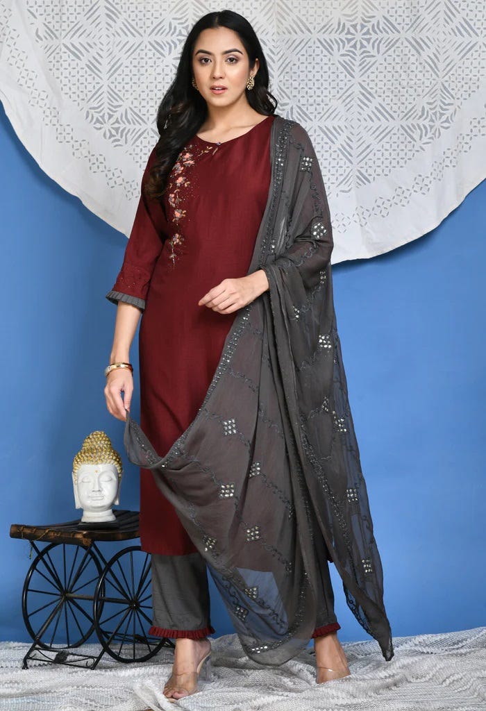 Ishin Women's Silk Blend Grey & Maroon Embroidered A-Line Kurta Trouser Dupatta Set
