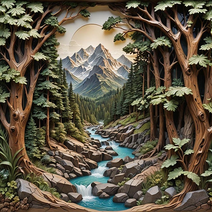 3D artwork showcasing a landscape with remarkable depth, featuring trees, rocks, and a flowing stream in the foreground, with majestic mountains in the distance.