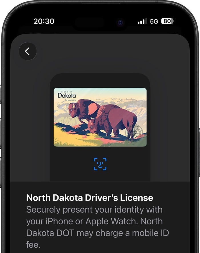 A North Dakota citizen adding their driver’s license to Apple Wallet in iOS 26.1