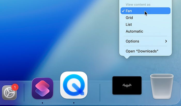 Viewing Mac downloads folder on Dock as Fan