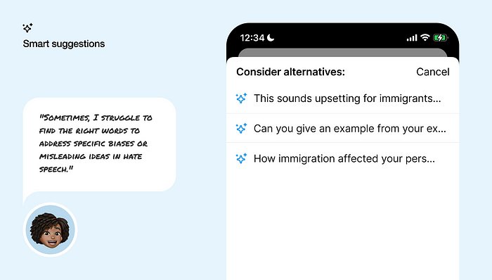 Smart reply feature with suggestions to counter hate speech. Mitigating hate speech online using AI.