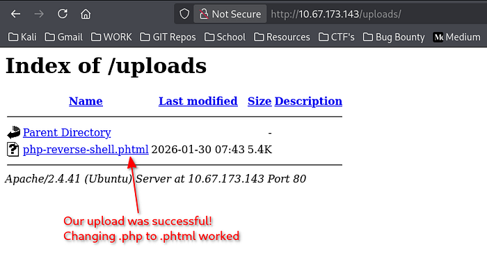 view of http://<TARGET_IP>/uploads/ verifying our payload has been uploaded using .phtml extension