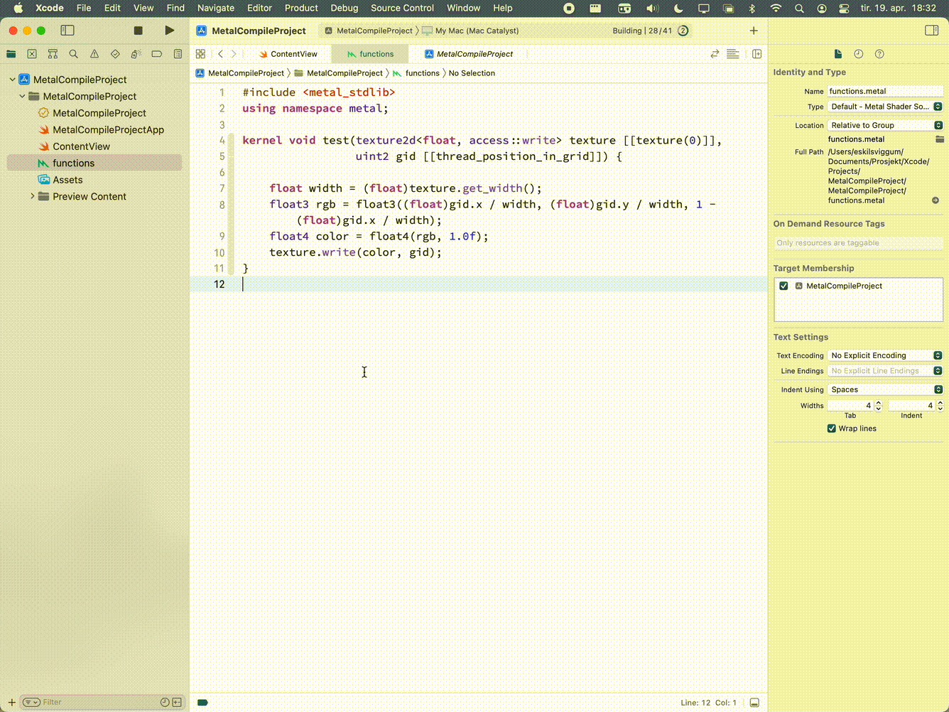 Animated image showing how to navigate to the compiled metal library.
