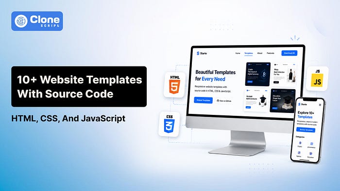Image 3: Website templates with source code in HTML, CSS and JavaScript displayed on desktop & mobile devices.