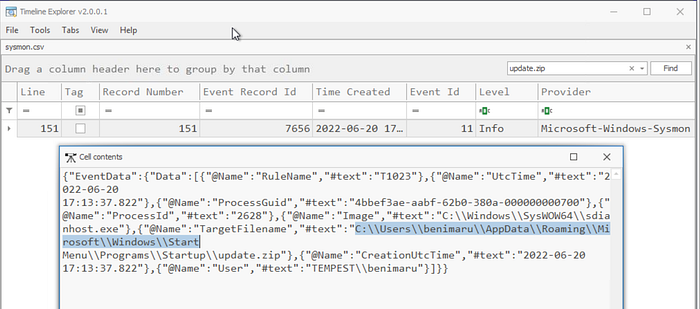 Timeline Explorer full path of stage 2 payload, update.zip.