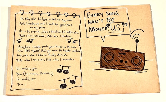 Zine collage pages saying every song won???t remind me of her, with the song lyrics to Remember by Becky Hill and David Guetta