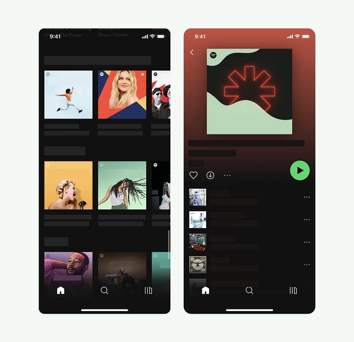 Screenshots of Spotify mobile app with all the text blanked out.