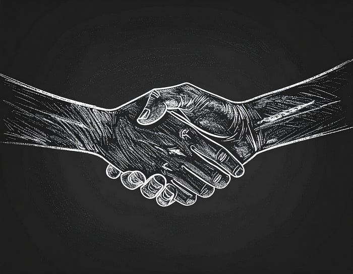 Fundo preto e desenho feito com gis branco de duas mãos se cumprimentando. Fim da descrição.