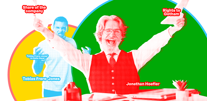 An image collage illustrating Jonathan Hoefler getting the rights to the Gotham font and the share of the company while looking very happy. Behind him shows Tobias Frere-Jones (as an illustration) looking very angry.