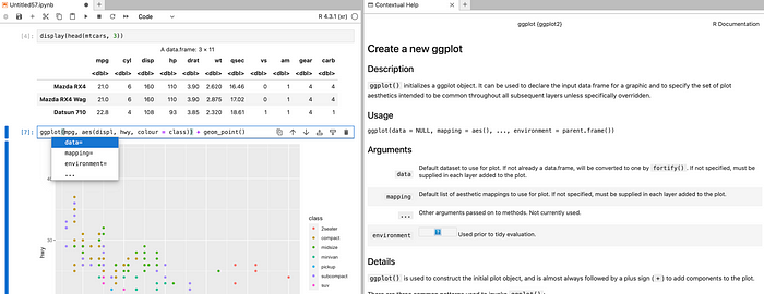 Screenshot of a Jupyter notebook with two cells displayed alongside a contextual help panel. The first cell shows the execution of an R command `display(head(mtcars, 3))`. The output is a nicely formatted table display with 3 rows. The second cell contains is a call to the ggplot function from the ggplot2 package. The output is a scatter plot of the variables hwy and displ, coloured by the class factor. The cursor shows auto completion for ggplot. On the right, contextual help for ggplot.