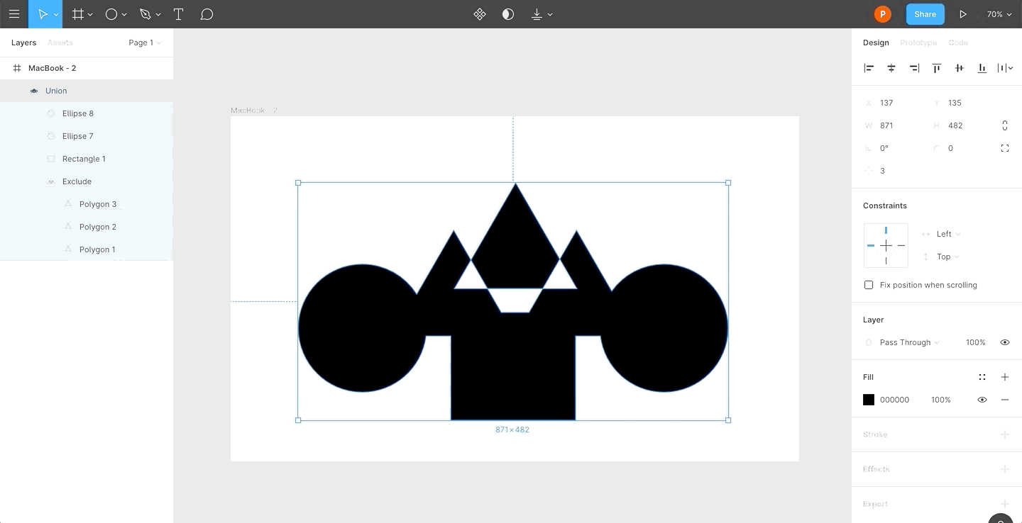 A GIF showcasing an example of using Flatten Selection to create a single vector in Figma.