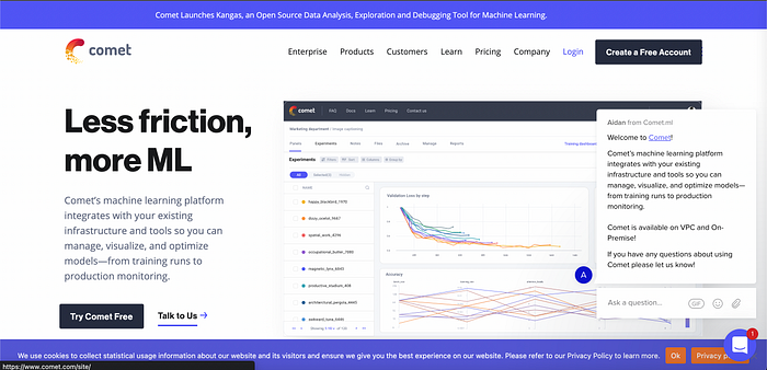 A screenshot of the Comet ML homepage with the logo “less friction, more ML.”