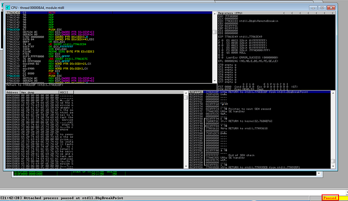 SLmail attached to Immunity debugger