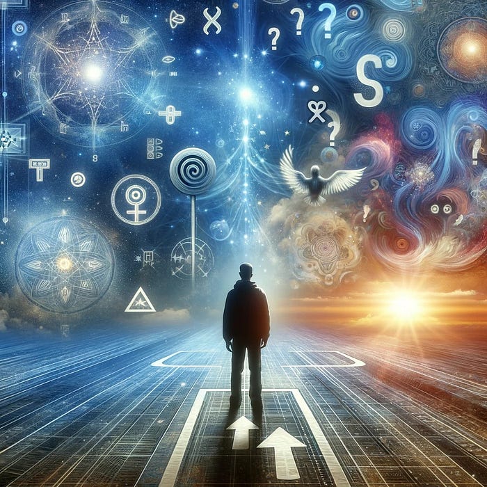 a person at a crossroads surrounded by floating symbols like stars, clocks, and dreamy clouds, visually representing the mystical world of synchronicities.