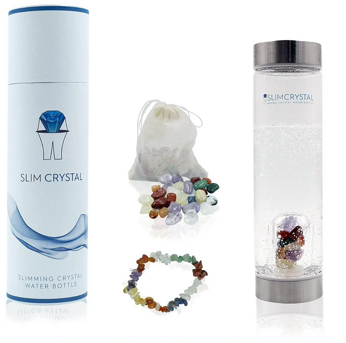 SlimCrystal case with bottle side by side with the crystals in the middle