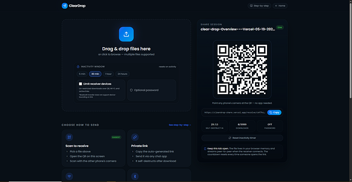 LanDecs ClearDrop Local File Sharing Web App Main Tab