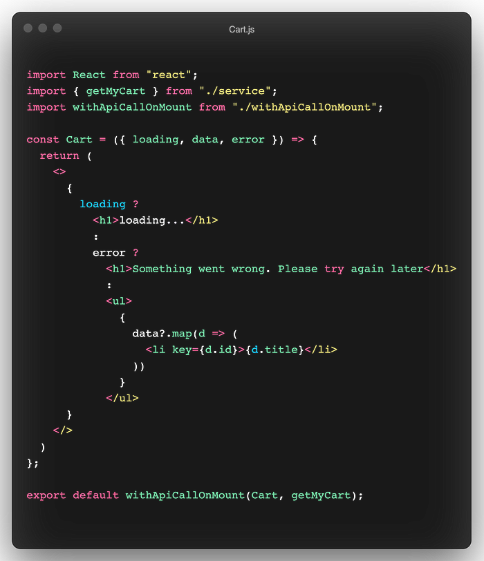 Cart component using withApiCallOnMount HOC