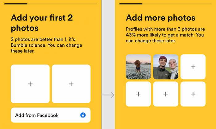 Screenshots of photo selection UI in Bumble’s onboarding