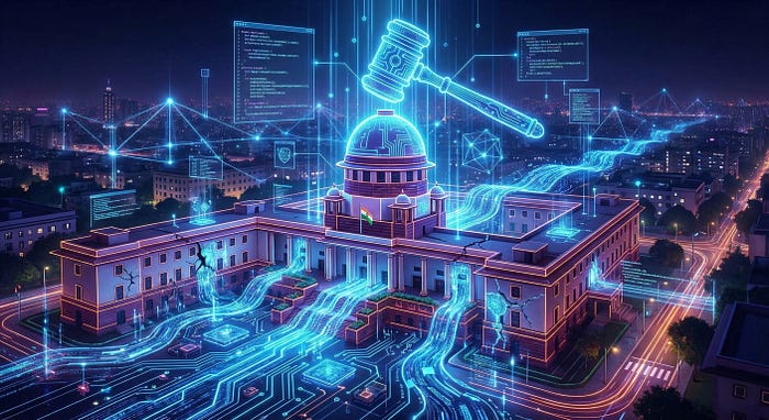 A conceptual illustration of the Supreme Court of India being repaired and stabilized by glowing digital data streams, symbolizing the Arjun Panditrao judgment patching the law.