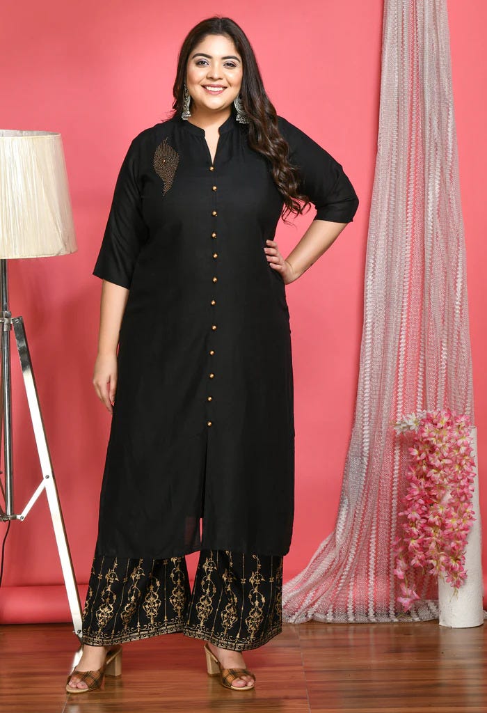 Plus Size Collared Black Kurta Palazzo Set Desinoor Desinoor Medium