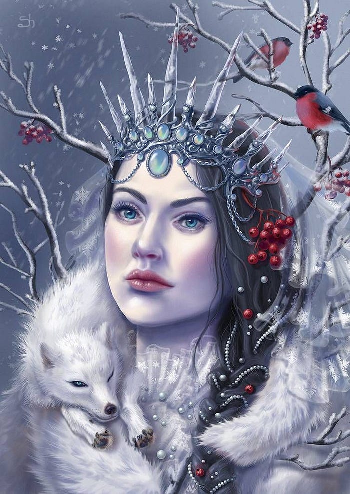 Illustration of the Winter Solstice Goddess holding a baby grey wolf. She sits near a barren tree with a crown of blue jewels on her head. Beside her are holly berries, and she wears white fur with snowflake designs on her dress and sheer veil. Her hair is adorned with white pearls and red berries.