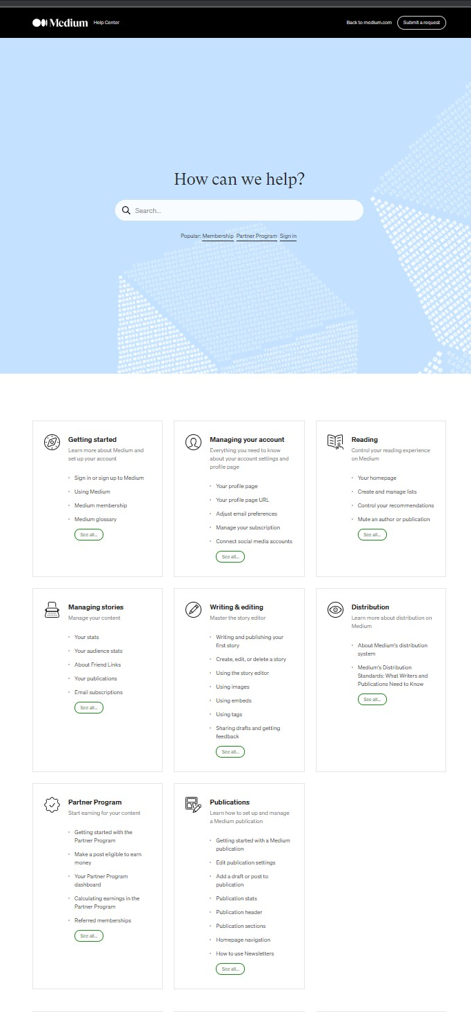 Cropped screenshot of the revamped front home page of the Help Center of this platform | courtesy of author