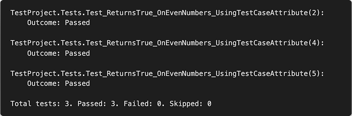 Output of the test using the TestCase attribute