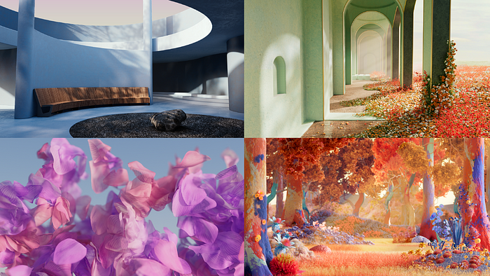 A collage of four unique 3D-rendered imaginary landscapes.