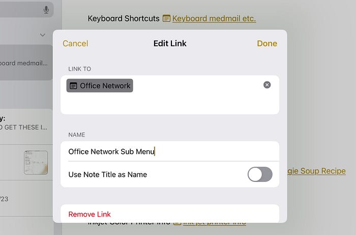 Showing the window that lets you provide your own link text after turning off “Use Note Title as Name”