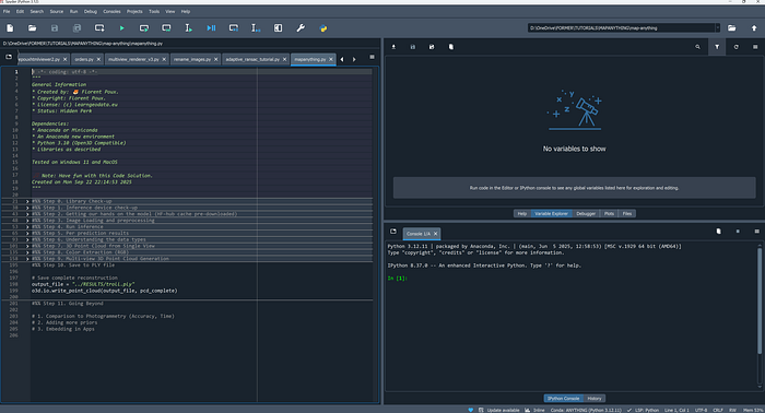 A screenshot of the Spyder Python IDE displaying the code for the 3D reconstruction tutorial. The code is organized into 11 steps, and the console is ready for execution.