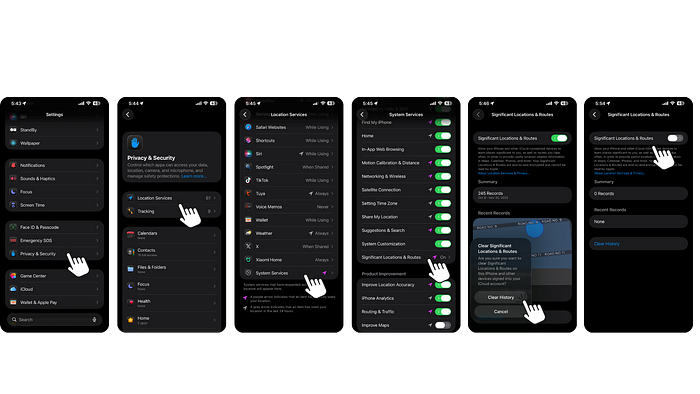 iPhone privacy settings screen showing the Significant Locations toggle turned off and location history cleared.
