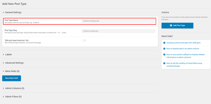 Contact Us Responses custom post type