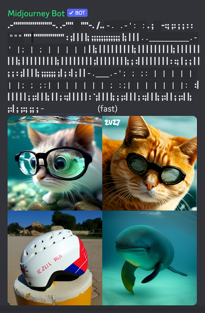 Midjourney ASCII-art prompt with four generated images representing: A cat with goggles, another cat with goggles, an inline helmet, and a dolphin in the sea.