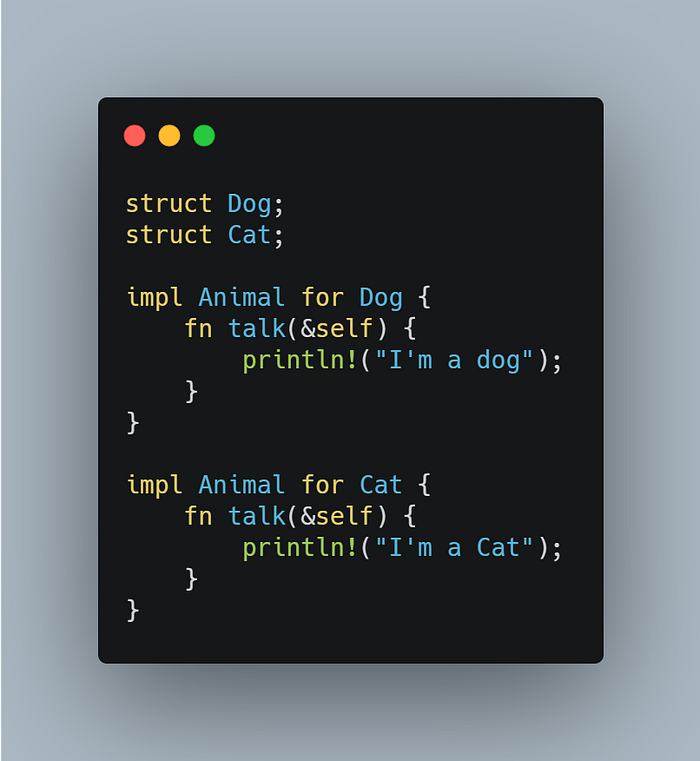 Implementing Animal trait for Dog and Cat