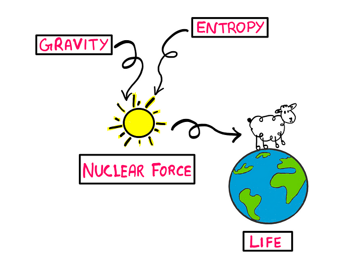 Gravity and entropy give rise to nuclear force, which gives rise to the sub (all of this is comically hand-drawn). The sun then gives rise to life which is represented comically by a hand-drawn planet Earth with one over-sized sheep standing on top of the Earth.