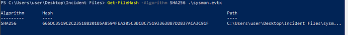 PowerShell usage of Get-FileHash cmdlet to get SHA256 hash of sysmon.evtx.