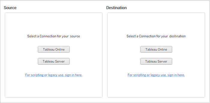 Initial CMT UI for server migration. A source and destination option exists. Under each option you can select either Tableau Online or Tableau Server.
