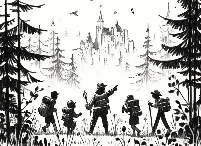 An hand sketch image of a group of people in the woods, in the distance there is a castle that is their end goal. Together they are finding their way there, with one team member leading the way and pointing.