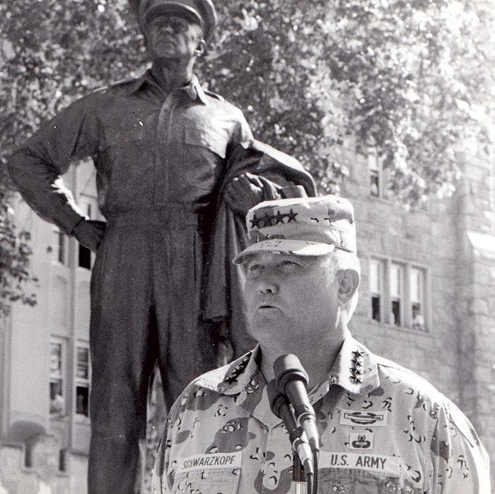 General H. Norman Schwarzkopf at West Point in May 1991 addressing the media at the statue of General Douglas MacArthur.