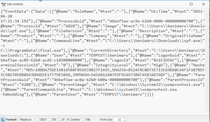 Payload of spf.exe executing, which gives a SHA256 hash.